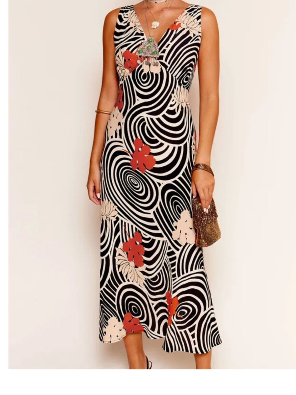 RIXO Black & White Swirl Midi Dress with Red & Cream Floral Motif